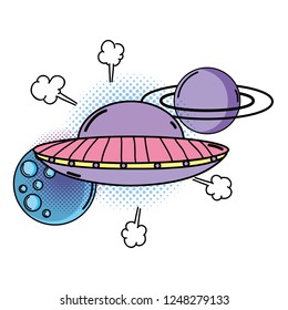 ufo flying with planets pop art style