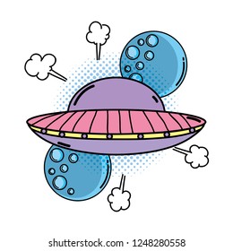 ufo flying with planets pop art style