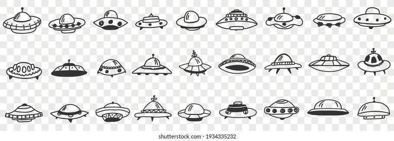 UFO and flying plates in cosmos doodle set