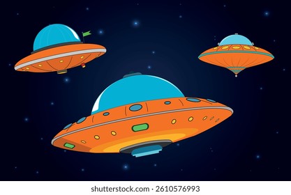 UFO and flying plates in cosmos set. Collection of hand drawn spaceship of UFO flying in outer space isolated on transparent background. Illustration, vector cartoon.