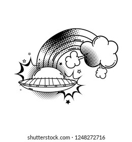ufo flying with rainbow pop art style