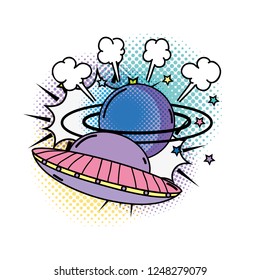 ufo flying with saturn pop art style