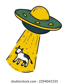 UFO flying saucer abducts cow, spaceship vector icon in doodle style, alien invasion