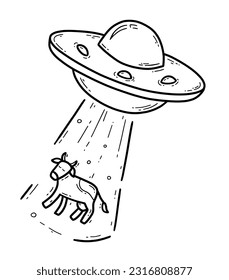 UFO flying saucer abducts cow, spaceship vector icon in doodle style, alien invasion