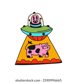 UFO flying saucer abducts cow. Doodle style. Trendy vector illustration.