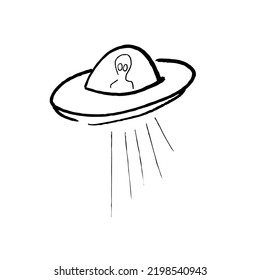 Ufo flying saucer with alien simple doodle vector illustration.