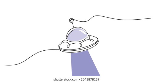 UFO flying saucer in continuous one line drawing. Minimalist space object illustration representing extraterrestrial themes.