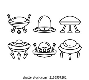 ufo and flying saucer icons set line illustration