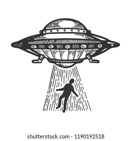 UFO Flying saucer kidnaps human person engraving vector illustration. Scratch board style imitation. Black and white hand drawn image.