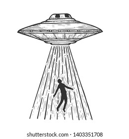 UFO Flying saucer kidnaps human person sketch line art engraving vector illustration. Scratch board style imitation. Black and white hand drawn image.