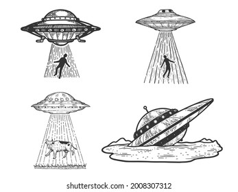 UFO Flying saucer kidnaps human person set collection line art sketch engraving vector illustration. Scratch board style imitation. Black and white hand drawn image.