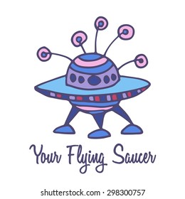UFO flying saucer logo. Hand drawn full color brand sign