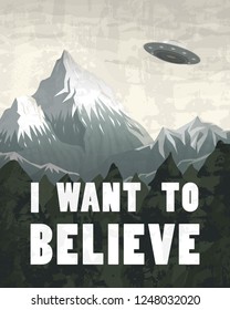 UFO or Flying saucer on a background of mountains. Space Aliens in the spacecraft. A flash of bright light takes all life. Little Green Men. Cosmic Template for banners, cards or posters.