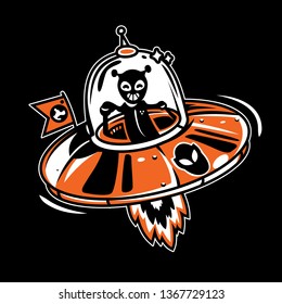 UFO Flying Saucer Print Vector Alien Space Earth Martian Cosmonaut Star Ship Unidentified Object Black White Orange Isolated Vintage Traditional