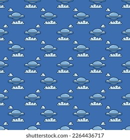 UFO Flying Saucer in Sky with Clouds vector concept seamless pattern