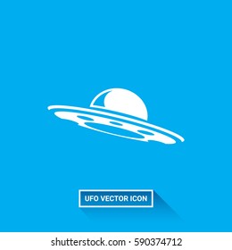 Ufo flying saucer vector icon isolated on blue background. Ufo logo design template