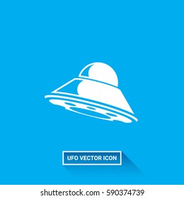 Ufo flying saucer vector icon isolated on blue background. Ufo logo design template