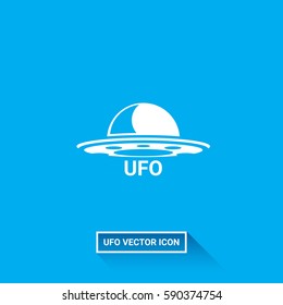 Ufo flying saucer vector icon isolated on blue background. Ufo logo design template