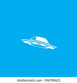 Ufo flying saucer vector icon isolated on blue background. Ufo logo design template