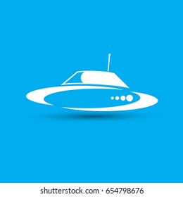 Ufo flying saucer vector icon isolated on blue background. Ufo logo design template