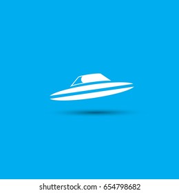 Ufo flying saucer vector icon isolated on blue background. Ufo logo design template