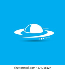 Ufo flying saucer vector icon isolated on blue background. Ufo logo design template