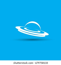 Ufo flying saucer vector icon isolated on blue background. Ufo logo design template