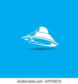Ufo flying saucer vector icon isolated on blue background. Ufo logo design template