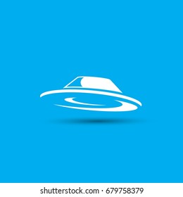 Ufo flying saucer vector icon isolated on blue background. Ufo logo design template