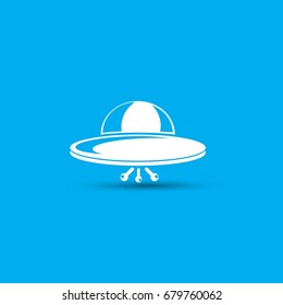 Ufo flying saucer vector icon isolated on blue background. Ufo logo design template