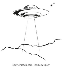 Ufo flying saucer vector illustration. Line drawing isolated on white background. Ufo logo design template. Aliens cartoon icon. Flying saucer with beam outline art. Ufo icon, simple alien ship symbol