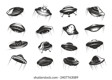 UFO flying saucers spaceship with trails. Flying alien spacecraft or area 51 paranormal unknown flying object monochrome vector icons set. UFO SCI FI vehicle symbols os signs collection