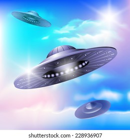UFO flying in a sky. Alien invasion. Vector illustration