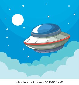 UFO flying in the sky with clouds and moon at night. vector illustration graphic design.