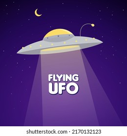 UFO flying in the sky illustration on night galaxy gradient color background design