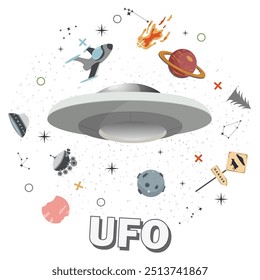 Ufo voando no espaço entre os planetas, em volta da ilustração plana crianças rabiscos