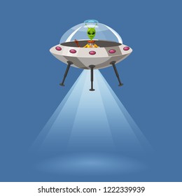 Ufo flying spaceship with alien, isolated on blue background, rays light, cartoon style, vector illustration. Concept, template