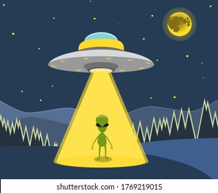 Ufo Flying Spaceship. Alien In The Rays Of Space Ship. Kidnapping By Aliens. Flying Saucer. Vector