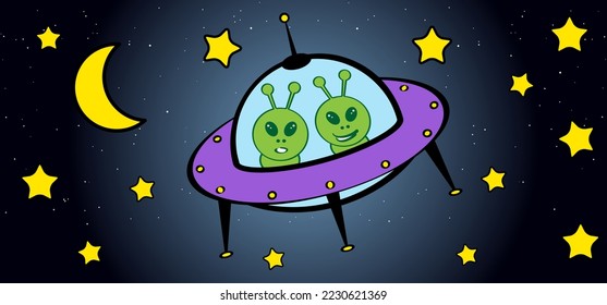 Ufo flying spaceship of aliens. For world UFO day. Cartoon Flying saucer. Vector alien spaceships. Futuristic unknown flying object. Space ship logo or icon. Vehicle line pattern. Sci-Fi sign