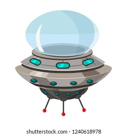 Ufo flying spaceship isolated on white cartoon style. Alien transport futuristic. Vector illustration, baner, poster