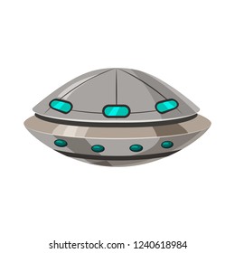 Ufo flying spaceship isolated on white cartoon style. Alien transport futuristic. Vector illustration, baner, poster