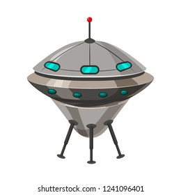 Ufo flying spaceship isolated on white cartoon style. Alien transport futuristic. Vector illustration, baner, poster