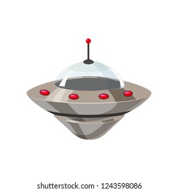 Ufo flying spaceship isolated on white cartoon style. Alien transport futuristic. Vector illustration, baner, poster