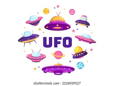 UFO Flying Spaceship with Rays of Light in Sky Night City View and Alien in Flat Cartoon Hand Drawn Templates Illustration