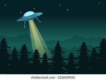 UFO Flying Spaceship with Rays of Light in Sky Night City View and Alien in Flat Cartoon Hand Drawn Templates Illustration