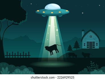 UFO Flying Spaceship with Flying Saucer Over the City Sky Abducts Human or Animals in Flat Cartoon Hand Drawn Templates Illustration