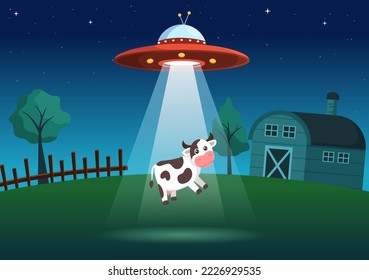 UFO Flying Spaceship with Flying Saucer Over the City Sky Abducts Human or Animals in Flat Cartoon Hand Drawn Templates Illustration