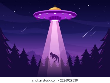 UFO Flying Spaceship with Flying Saucer Over the City Sky Abducts Human or Animals in Flat Cartoon Hand Drawn Templates Illustration