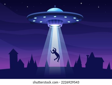 UFO Flying Spaceship with Flying Saucer Over the City Sky Abducts Human or Animals in Flat Cartoon Hand Drawn Templates Illustration