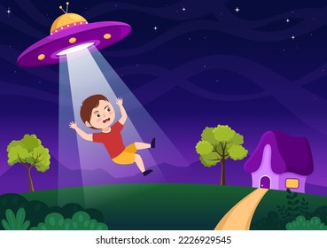 UFO Flying Spaceship with Flying Saucer Over the City Sky Abducts Kids or Animals in Flat Cartoon Hand Drawn Templates Illustration